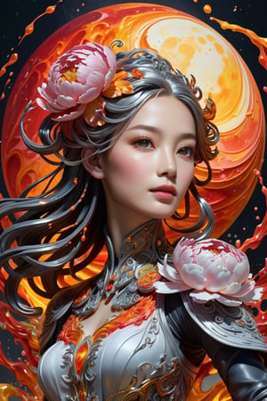 Jupiter, splash art, a close up liquid luminous moon lady made of colors, silver, red, orange, light yellow, grey golden, liquid fire peony flowers, filigree, filigree detailed, swirling fire flames, Galaxy, color drops, color waves, moonlight, splash style of colorful paint, hyperdetailed intricately detailed, unreal engine, fantastical, intricate detail, splash screen, complementary colors, fantasy, concept art, 8k resolution, masterpiece, oil painting, heavy strokes, paint dripping, splash arts, fantasy art, concept art, centered composition perfect composition, centered, intricated pose, intricated detailed