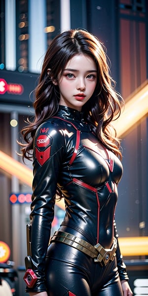 Best picture quality, high resolution, 8k, realistic, sharp focus, realistic image of elegant lady, Korean beauty, supermodel, brown hair, blue eyes, wearing high-tech cyberpunk style blue Batgirl suit, radiant Glow, sparkling suit, mecha, perfectly customized high-tech suit, ice theme, custom design, 1 girl,mecha