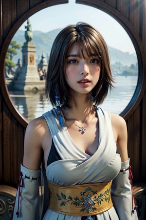 (4K,masterpiece, highres, ultra detailed), 1female, solo_woman, 25 years old, yuna of final fantasy x2, more mature looking, hyperrealistic, yuna's white, final fantasy costume, Yuna's original costume deisgn in Final Fantasy X symmetrical clothing features, best clothing sumulation, no collar, 1female, windy night, yuna's bob hair style,  busty, cleavage, middle_breast, thicc body, smile, (dreamlike, unreal, smoky, no dangling sleeves, close-up shot, head to hips image scope, no multiple bodies, close-up shot, clean cloister background, no crowd in background, not cosplay convention, best clothing simulation, character facing and looking at camera, colorful):1.3,YunaFFX,yuna \(ff10\),blue-beaded earring, (full body shot), (immersed in water), (lake),  