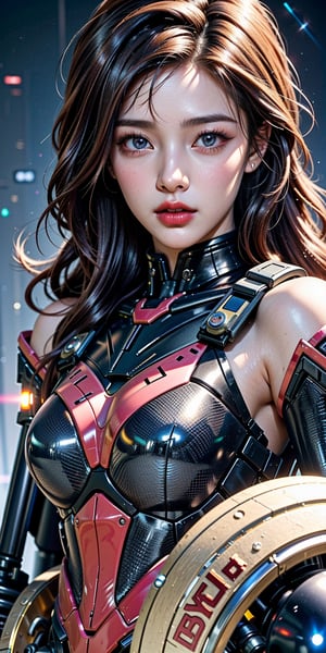 Best picture quality, high resolution, 8k, realistic, sharp focus, realistic image of elegant lady, Korean beauty, supermodel, brown hair, blue eyes, wearing high-tech cyberpunk style blue Batgirl suit, radiant Glow, sparkling suit, mecha, perfectly customized high-tech suit, ice theme, custom design, 1 girl,mecha