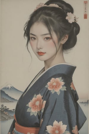 A Traditional Japanese Art,beautiful woman of Edo era,kimono, Ukiyo-e:1.3,1girl,  ukiyo-e, 
looking_at_viewer with black eyes , ((facing_viewer,front-view:1.4)), face the front, facing front, ukiyo_e, look down, low angle, princess, little smile, Ukiyo-e, (((frontal face))),,(hokusai),xxmixgirl