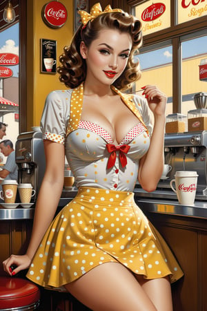 by james jean and norman rockwell, (realistic pin up illustration: 1.4), (hdr: 1.21), 4k, masterpiece, (high quality: 1.2), (detailed face: 1.2), (detailed eyes: 1.3), 1girl, Solo, wearing a 1950s style short yellow and white polka dot skirt, highly detailed hands, coffee shop setting, short skirt, small round breasts, cleavage, sexy,1girl, PinUp, more detail XL,beautypinupart