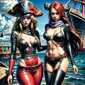 analog style, photo of a girl, (1girl, pirate girl), ((red long hair)), ((pretty  face, perfect face), strong wind, ((green eyes)), (hemp), red scarf, dreadlocks, cleavage, tanned skin, black leather pants, red corset with lacing in front, pirate clothes, pirate hat, (musket in hand), belts, pirate ship, sea, battle, war, action, erotic, nsfw
