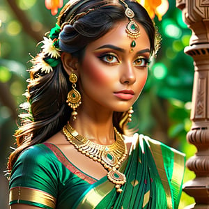 (Serene Indian Beauty, wearing a Indian saree, elegant, dramatic dappled sunlight, emerald and gold colors, transparency, shadows, surrealism, translucency, counterpoint, action pack, fantasy, magic, magic beam, (complex details), (super details), 8k HDR, high details, high-quality, soft cinematic light, dramatic atmosphere, atmospheric perspective,Indian,Woman,Indian tradition), Detailed Textures, high quality, high resolution, high Accuracy, realism, color correction, Proper lighting settings, harmonious composition, Behance works,xxmix_girl,aesthetic portrait, 3/4 body shot