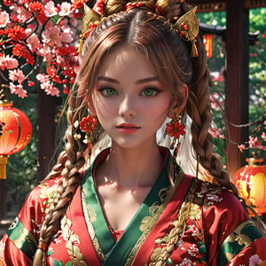 1girl, detailed large green eyes, blush, perfect illumination, caramel hair styled huge long braids,  dressed in red kimono with outer golden chest armor Gorgeous, backlighting, detailed face, bangs, bright skin, Sharp glossy focus, Highres 8k, ultra detailed, aesthetic, masterpiece, best quality, photorealistic, kinetic move effect, colorful, sensual