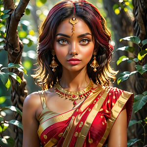 (Serene Indian Beauty, wearing a red and gold Indian saree, elegant, dramatic dappled sunlight, transparency, shadows, surrealism, translucency, counterpoint, action pack, fantasy, magic, magic beam, (complex details), (super details), 8k HDR, high details, high-quality, soft cinematic light, dramatic atmosphere, atmospheric perspective,Indian,Woman,Indian tradition), Detailed Textures, high quality, high resolution, high Accuracy, realism, color correction, Proper lighting settings, harmonious composition, Behance works,xxmix_girl,aesthetic portrait