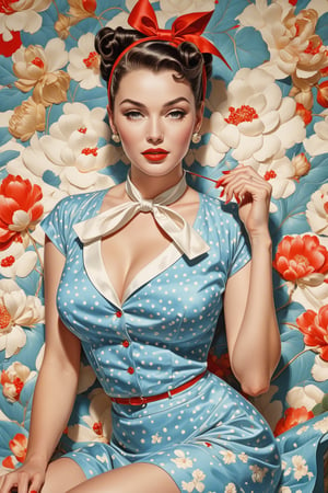 by james jean and norman rockwell, (realistic pin up illustration: 1.4), (hdr: 1.21), 4k, masterpiece, (high quality: 1.2), (detailed face: 1.2), (detailed eyes: 1.3), (Jama Williamson) wearing a 1950s style dress, choker
