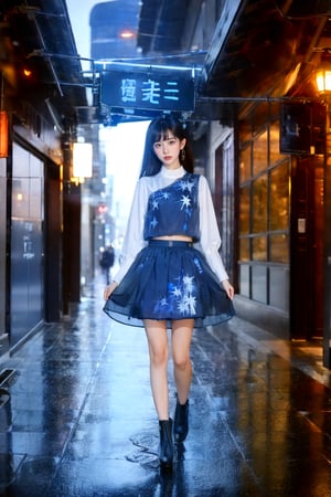 1 girl, a beautiful young Asian girl with long straight hair, bangs, blue eyes, straight nose, white soft skin; small lips, flat belly, long legs, ergonomic hands and fingers, symmetrical body shape, relaxed fingers, aesthetic looking, smiling expression; wearing silver hanfuskirt, Chelsea boots; right hand carry a camera; night city street, cityscape, starry night; sharp focus, wide shot, full body shot; photorealistic style; ultra detailed, soft light, warm tone, peaceful atmosphere; high dynamic range, vivid colors, high quality photo, masterpiece, extremely Realistic, best quality, fantasy scene, sharpen image,neon background.
