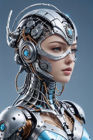 ((Best quality)),
(detailed: 1.4),
(masterpiece),
1girl, solo, cyborg style, android girl, full body shot, head with complex components and parts, wire, cables, mask,
body toward right side, 
High resolution, 
Fine details, photorealistic, vibrant, high dynamic range, 
sharp focus, Extremely Realistic, light blue background.,glitter,shiny