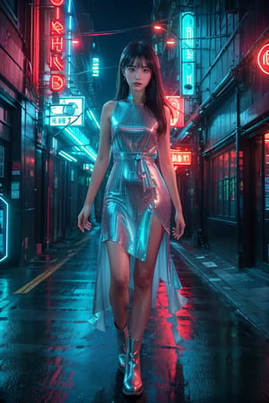 1 girl, a beautiful young smiling Asian girl with long straight hair, bangs, blue eyes, straight nose, white soft skin; small lips, flat belly, long legs, ergonomic hands and fingers, symmetrical body shape, relaxed fingers, aesthetic looking; wearing long silver silky dress, Chelsea boots; night city street at Taipei, cityscape, starry night; sharp focus, wide shot, full body shot; photorealistic style; ultra detailed, soft light, warm tone; high dynamic range, vivid colors, high quality photo, masterpiece, extremely Realistic, best quality, fantasy scene, sharpen image,neon background, Colorful Binary Code Energy, ray tracing, bokeh, depth of field, raw photo, soft neon lights.
