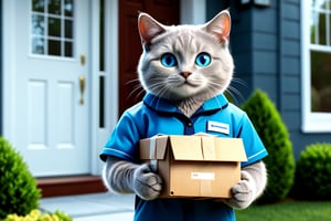 Movie Still, a human like gray cat with blue eyes, smiling face, wearing modern uniform, holding a package in front of a house; deliver a package to client, photorealistic, cinematic, ultra detailed, sharp focus, crystal clear, vivid, vibrant colors, high dynamic range, wide shot, full body shot, ray tracing, perfect lighting, raw photo, high resolution, sharpen image.