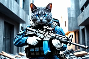Movie Still, a human like gray cat with blue eyes, wearing modern combat suit, holding AK47 rifle , fighting terrorist at city; photorealistic, cinematic, ultra detailed, sharp focus, crystal clear, vivid, vibrant colors, high dynamic range, wide shot, full body shot, ray tracing, perfect lighting, raw photo, high resolution, sharpen image.