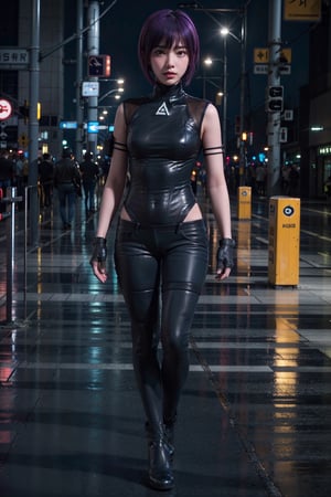 ((Best quality)), (detailed), (masterpiece), motoko2045wz, fingerless gloves, tight pants, purple eyes, purple hair, short hair, luster hair, lips, silky leotard, Extremely Realistic, 1girl, solo, full-body shot, wide shot, full body portrait, thin legs, white skin, black boots, standing, turn around,  
high resolution face, 
Facial features,
High resolution,
Fine details,
elegant, beautiful, vivid colors, 
street at night background, neon lights, 
sharp focus, natural, light, blade, flat belly, 