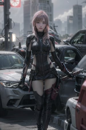 1girl, LightningFF13 with light pink hair, long hair, slim mouth,  wearing full body suit, long sleeve, drawing out sword from shealth on left side of waist with right hand, standing at night city, front facing viewer. beautiful face, delicate face, small breast, Photorealistic, realism, ultra detailed, high resolution, high pixel density, soft light, vibrant colors, vivid, high dynamic range, wide shot, full body shot, Extremely Realistic, masterpiece, 3va, shallow depth of field, battoujutsu.