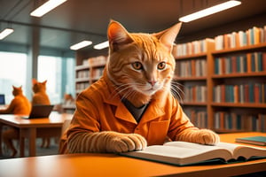 a human-like orange cat working at futuristic library, ultra detailed, warm tone, vivid colors, soft light, daytime, photorealim, wideshot.