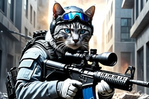 Movie Still, a human like gray cat with blue eyes, wearing modern combat suit and helmet, using sniper rifle at city; photorealistic, cinematic, ultra detailed, sharp focus, crystal clear, vivid, vibrant colors, high dynamic range, wide shot, full body shot, ray tracing, perfect lighting, raw photo, high resolution, sharpen image.