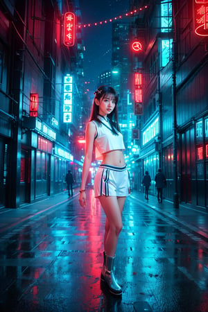 1 girl, a beautiful young Asian girl with long straight hair, bangs, blue eyes, straight nose, white soft skin; small lips, flat belly, long legs, ergonomic hands and fingers, symmetrical body shape, relaxed fingers, aesthetic looking, smiling expression; wearing long silver hanfu, Chelsea boots; right hand carry a camera; night city street, cityscape, starry night; sharp focus, wide shot, full body shot; photorealistic style; ultra detailed, soft light, warm tone; high dynamic range, vivid colors, high quality photo, masterpiece, extremely Realistic, best quality, fantasy scene, sharpen image,neon background, Colorful Binary Code Energy.