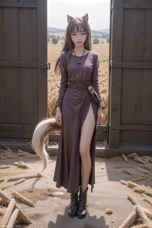 masterpiece, 1girl, cute, Extremely Realistic, long hair, brown hair, animal ears, red eyes, wolf tail, necklace, whie long dress cover full body, short chelsea boots, slim mouth, facial details, ergonomic hands, standing naturally, background of wheat field during twilight, soft light, ultra detailed, high resolution, vivid, vibrant colors, high dynamic range, wide shot, full body shot, facing viewer, professional photography.