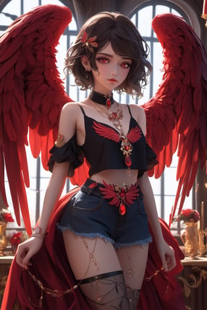 more detail XL,bj_ angel highly detailed, high quality, masterpiece, (medium long short), 1girl, solo, looking at viewer, red eyes, red skirt, simple background, black shirt, animal ears, closed mouth, standing, full body, short sleeves, red pantyhose, black wings, perfect goat horns, black shoes, red skirt, medium hair, grey background, black footwear, black pantyhose, feathered wings red, forehead mark, arms at sides, straight-on, big_boobies, closed black angel wings, solo, breasts, looking at viewer, short hair, blue eyes, brown hair, black hair, navel, cleavage, jewelry, medium breasts, shorts, choker, midriff, indoors, necklace, crop top, short shorts, makeup, black choker, tank top, denim, lipstick, denim shorts, cutoffs