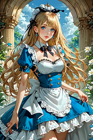 masterpiece, best quality, ultra-detailed, perfect hands, perfect anatomy, High detailed, detailed background, solo, No public hair, extremely pretty face, beautiful face, ultra-detaild face, cute and round face,

1girl, solo, 20yo girl, blonde hair, long hair, Straight Hair, blue eyes, richly decorated with colorful lace, gold ruffles, and embroidery, ornate buttons, and the voluminous skirt. features layers of tulle and lace. elegant princess style dress, Sky blue dress, white flower lace, white apron, tiny white flowers, black bow on the head, pretty dress, pretty and elegant lace, Coquette style dress, coquette bows, small golden details on the dress. gray background, alice in wonderland, Exact finger count, natural shape hands, beautiful eyes, score_9, score_8_up, score_7_up.