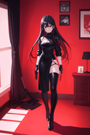  Solo, 1girl, long-hair, black-hair, black assassin dress, red eye, full body, background in a room, full red color light, badass face, katana in a hand, perfect lighting, dark room with red color light,perfect face, perfect body, ,photorealistic, heavy detailed, clear the room objects, angry face but cute,