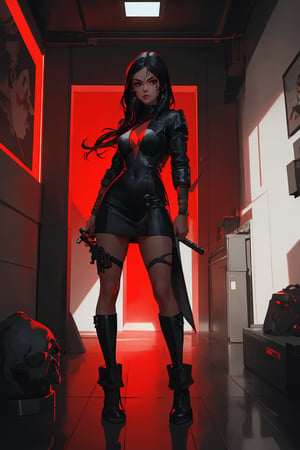  Solo, 1girl, long-hair, black-hair, black assassin dress, black eye, full body, background in a room, full red color light, badass face, katana in a hand, perfect lighting, dark room with red color light,perfect face, perfect body, ,photorealistic, heavydetailed, cuteface,4kresolution 