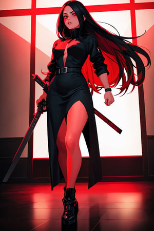  Solo, 1girl, long-hair, black-hair, black assassin dress, red eye, full body, background in a room, full red color light, badass face, katana in a hand, perfect lighting, dark room with red color light,perfect face, perfect body, ,photorealistic, heavydetailed, cuteface,4kresolution 