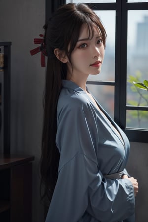  solo, window, looking at viewer, indoors, long hair, brown hair, upper body, lips, grey shirt, shirt, realistic, closed mouth, from side, bangs, looking to the side, black hair, brown eyes, big_breasts ,kimono,1girl,