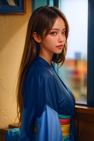  solo, window, looking at the viewer, indoors, long hair, brown hair, upper body, lips, grey shirt, shirt, realistic, closed mouth, from the side, bangs, looking to the side, black hair, brown eyes, big_breasts, kimono,1girl