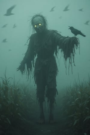 A decrepit scarecrow standing alone in a fog-covered cornfield, with hollow eyes glowing eerily, tattered clothing fluttering in the wind, and crows circling ominously in the night sky"