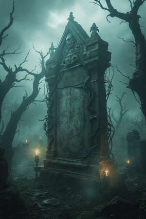 "A chilling, horror-themed tombstone set in an old, overgrown graveyard under a dark, stormy sky. The tombstone is cracked and weathered, with eerie carvings of skulls and twisted vines creeping over its surface. Ghostly mist surrounds it, and faint, flickering candlelights illuminate the decayed stone, casting ominous shadows. In the background, twisted, dead trees reach out like skeletal hands, while dark clouds roll ominously overhead. The ground around the tombstone is disturbed, as if something recently clawed its way out. A faint, ghostly figure lurks nearby, adding to the terrifying atmosphere of the forgotten, cursed resting place."