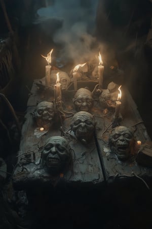 A rotting wooden table in an abandoned cabin, covered with melting candles that form grotesque faces, their flames flickering violently as if breathing with life in the surrounding darkness."