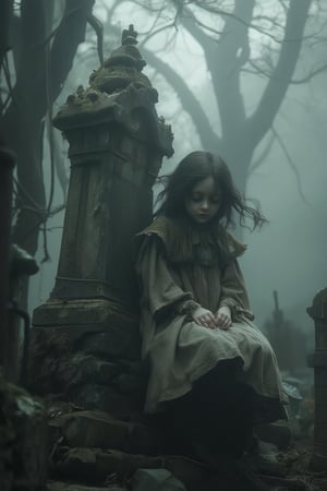 A young girl, appearing quiet and contemplative, sits beside an old, moss-covered tombstone in a shadowed, misty graveyard. Her small hands rest gently on her lap, and her dark hair flows softly in the cool breeze. She wears a simple, faded dress that sways gently with the wind, giving her an almost ethereal presence. Around her, tall, twisted trees loom, casting dark shadows on the ground, while faint, dappled sunlight filters through the fog, creating a calm yet chilling atmosphere. The scene is quiet and haunting, with a blend of innocence and eerie solitude."