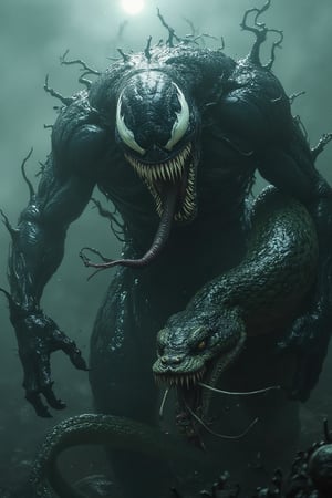 Venom in a fierce, horror-themed battle with a gigantic snake in a dark, misty environment. Venom’s muscular, black, slime-covered body is twisted in motion, his claws outstretched as he lunges at the snake. His wide, gaping mouth is open, revealing sharp, dripping teeth and his long, coiled tongue, exuding raw menace. The snake is equally monstrous, with glistening scales, eyes glowing with primal fury, and fangs bared as it wraps its massive body around Venom. The scene is dark and eerie, with tendrils of fog swirling around, faint moonlight casting harsh shadows, heightening the intense, horrific struggle between two terrifying predators.