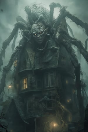 A terrifying humanoid creature fused with a gigantic spider body, its eight legs emerging from its back like a twisted nightmare. The creature's skin is pale and decaying, with dark, hollow eyes glowing eerily. Behind it looms a decrepit, gothic-style haunted house, with broken windows, sagging roof, and overgrown vines. The atmosphere is dense with fog, faint ghostly apparitions swirling around the house, while the sky is stormy with ominous clouds. Dim, flickering lights illuminate the creature’s grotesque form, creating a chilling and unsettling scene.