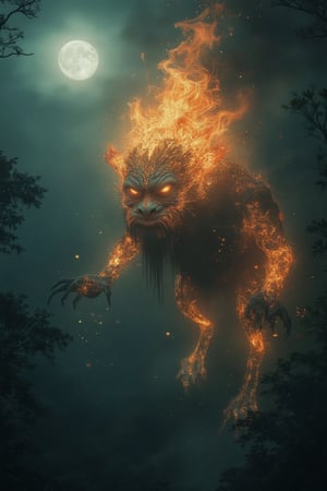 A blazing, ghostly visage, Banaspati's ethereal, inflamed cranium aglow with an otherworldly intensity, pierces the velvety darkness of the jungle night. As it soars beneath the radiant full moon, its fiery essence illuminates the treetops and sends tremors through the underbrush, striking fear into the hearts of all who cross its path.