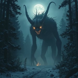 A shadowy wendigo lurking in a snowy forest, its gaunt frame illuminated by a full moon, eyes glowing like burning embers, twisted horns silhouetted against the night sky – atmospheric horror with heavy shadows.