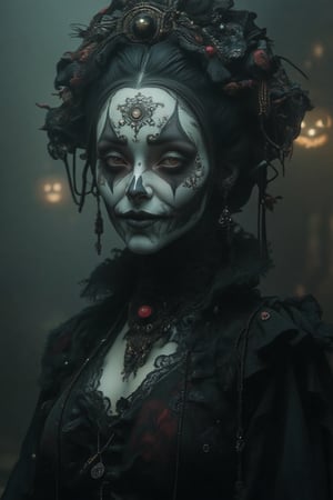 A mysterious woman with elaborate Halloween makeup, her face painted in hauntingly intricate details that blend beauty with horror. Her eyes are adorned with dark, smoky shadows that extend into delicate, web-like designs, and her skin is pale with eerie, skeletal accents that contour her cheekbones and jaw. Black and red details frame her lips, giving her a sinister, alluring smile, while tiny gemstones and glitter add a supernatural sparkle. She wears a dark, gothic-style outfit with lace and velvet details, standing against a foggy, dimly lit background with faint jack-o'-lantern glows, enhancing the chilling yet mesmerizing Halloween atmosphere.