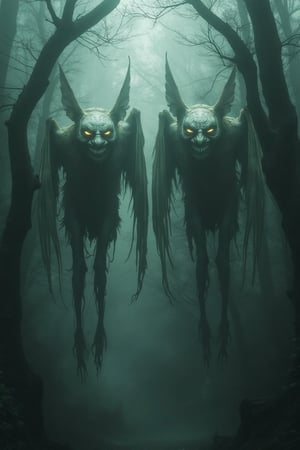 "Two ghostly figures, floating ominously in a dark, terrifying forest, viewed from a low angle. Their forms are a haunting fusion of human twins and monstrous bats, with pale, translucent skin and tattered clothing that billows eerily. Each has enormous, bat-like wings that spread wide, blending with the thick, twisted branches above. Their faces are identical, wearing unnervingly wide, sinister smiles that stretch across their ghostly features, with glowing, soulless eyes. The fog swirls at their feet, and the towering trees of the forest cast long, crooked shadows, adding to the sense of dread. The moonlight barely pierces through the dense canopy, casting eerie highlights on their twisted forms, creating an atmosphere of chilling horror."