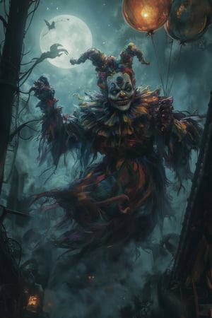 A spooky ghost dressed in a colorful clown costume, floating through a misty Halloween night, holding a balloon, under the glowing moonlight – eerie yet playful atmosphere."