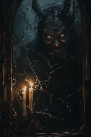 "A cracked, ancient mirror reflects a candle burning with black flame, its light revealing a demonic figure standing in the shadows, just out of reach, its eyes glowing faintly in the flicker."