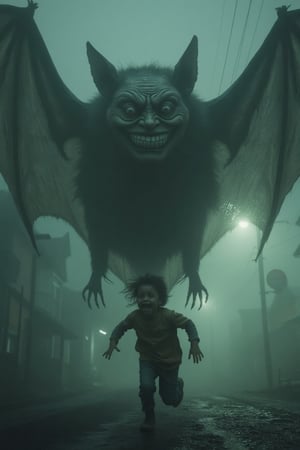 A terrified child, running with tears streaming down their face, looking back in horror. The child’s wide, panicked eyes and open mouth show pure fear, as they flee from a gigantic bat with grotesque human features. The bat's enormous wings stretch wide, its leathery skin almost blending with the dark, foggy night sky. Its face is a twisted, smiling human mask, with a disturbingly wide grin and soulless eyes that seem to glow in the dark. The massive creature hovers just behind the child, its claws outstretched, casting a monstrous shadow. The setting is an eerie, desolate street, illuminated only by a dim, flickering streetlight, creating a nightmarish horror atmosphere."
