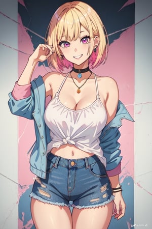 1girl, young_lady, gyaru, taned_skin, short_hair, asymmetrical_bangs, multicolor_hair, blond_hair, pink_hair, blue_hair, pink_eyes, smile, teeth, multiple_earrings, choker, collar, medallion, white_blouse, cleavage, mole_on_chest, medium_breasts, navel, ripped_jeans, blue_jeans, pink_sneakers, standing, looking_at_viewer, cowboy_shot