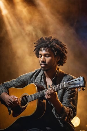 Step into a captivating portrait capturing the essence of a musician, their fingers dancing across the strings of a guitar on a vibrant stage. Through the lens of a Sony α7 III camera, equipped with a 100mm lens set to a wide-open aperture of F 1.2, the background seamlessly dissolves into a tapestry of artful bokeh, allowing the subject to command the spotlight. The stage radiates with dramatic lighting, as spotlights cut through the velvety haze of smoke, creating a dynamic and immersive atmosphere. Employing the iconic Rembrandt lighting technique, the musician’s face and hands are skillfully bathed in soft, directional light, accentuating every passionate expression and intricate movement. Harnessing the powerful Midjourney v5 with photorealism mode, this image transcends mere representation, vividly capturing the musician’s unwavering talent and boundless devotion. With each strum of the guitar, the viewer becomes entranced by the artist’s undeniable passion, transported to a realm where music becomes a living, breathing entity.