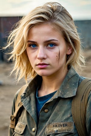 dramatic, petite, (((18 years old))) polish skinny slim 1girl with messy blonde hair, (square face), looking at viewer, blue eyes, black shirt:1.4, open jacket, outdoors, blurry, thin lips, military, depth of field, blurry background, dirty,elite military forces real world, soldier, Extremely Realistic, Hard shadows, skin pores, more detail XL, Dark, darkness, no lights, No daylight, Moonlight,greg rutkowski, rugged harsh situation soldier, (weathered greasy dirty damaged old worn military soldier outfit:1.3),