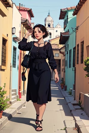 
Thirty-five-year-old woman walking, background San Juan de los Lagos, Jalisco