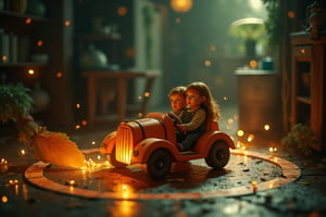 hyperrealism drifting looking at camera shadow theater worm-eye shot mystical horror action movement drive detailed double exposure cinematic raw photo beautiful style ultra detailed complex surreal expressive vintage hyperbolized tiny micro miniature two pumpkin girls riding a one wooden car with candy bag on a road placed on a floor in kitchen in a circle of light chased by giant cat hiding under big leaf sparks, stars swirling high speed dynamic movement , dynamic funny pose teasing face transparent illustration Rockwell Ceccoli, Froud Ryden expressive brushstrokes mixed with wash masterpiece , night, desaturated colors transparence intricated lighting high contrast, deep shadows gloomy atmosphere detailed textures best qualit