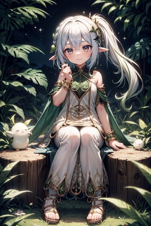 "Nahida appears as a young woman with fair skin, white hair styled in a side braid and a ponytail, and pointed ears. She has large green eyes and wears a large green headdress on one side of her head, which is also framed by uneven bangs. Additionally, she has flawless, perfect fingers and hands.

Nahida's attire consists of a white dress adorned with green and gold details, loose sleeves of patterned green fabric, and a gold bracelet on her right wrist. Her dress is embellished with various green gems and decorated with intricate golden patterns. Underneath, she wears white trousers. On her back, she wears a split pale green cloak and white sandals surrounded by gold that expose her toes.

Nahida is sitting on a tree stump, gazing at the stars in the sky."