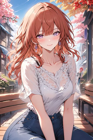 1girl, solo, looking at viewer, blush, smile, bangs, shirt, hair ornament, holding, jewelry, sitting, closed mouth, white shirt, flower, short sleeves, hairband, earrings, outdoors, alternate costume, pants, hair flower, blunt bangs, blurry, see-through, feet out of frame, denim, jeans, blue pants, bench, photo background, see-through shirt, himeko(honkai: star rail), best quality, masterpiece, more detail XL,masterpiece