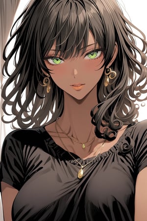 1girl, solo, looking at viewer, shirt oversize, black hair, jewelry, upper body, short sleeves, green eyes, earrings, dark skin, dark-skinned female, necklace, mole, lips, black shirt, curly hair, best quality, masterpiece, more detail XL,masterpiece,Visual Anime